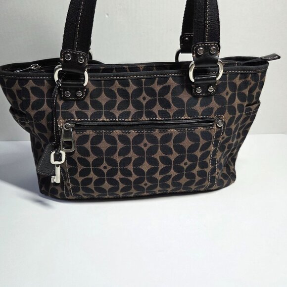Fossil Purse Brown Black Signature Canvas Tote Shoulder Bag Boho Preppy Travel - Picture 2 of 13